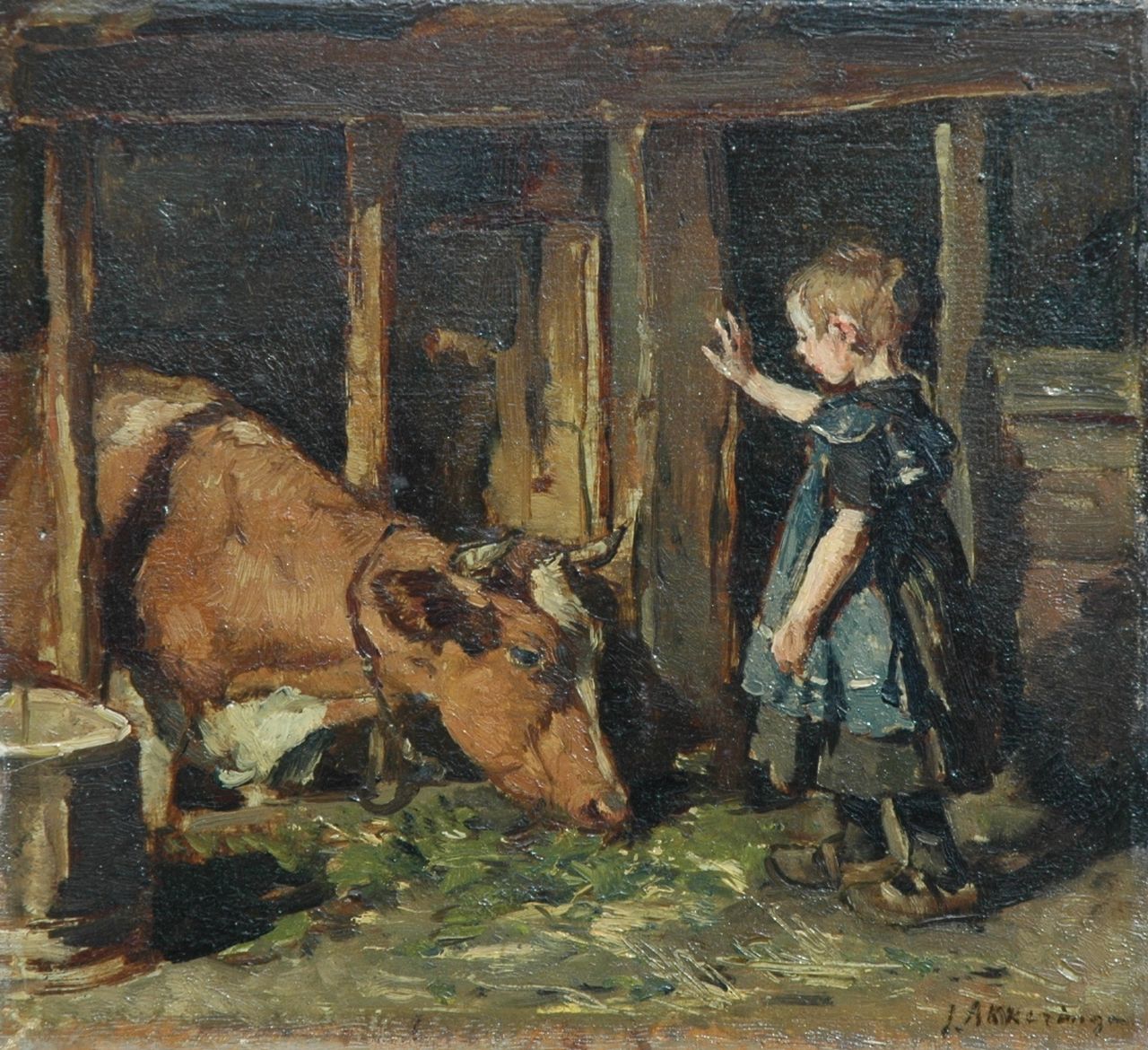 Akkeringa J.E.H.  | 'Johannes Evert' Hendrik Akkeringa, In de koestal, olieverf op paneel 23,9 x 25,9 cm, gesigneerd rechtsonder en gedateerd verso Augts. 1909