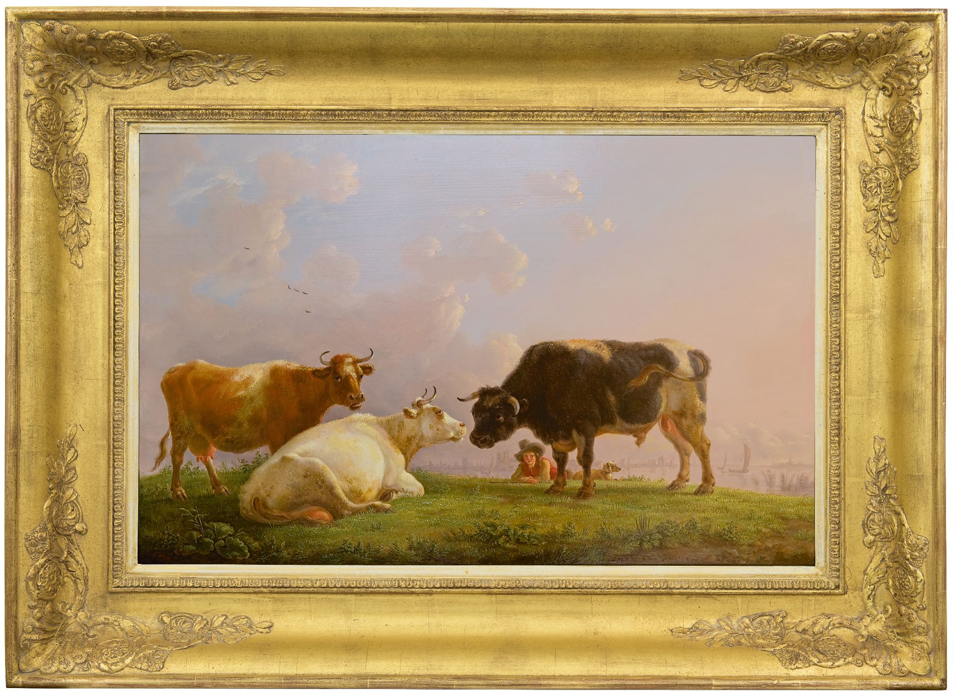 Commissie ga winkelen maandag Jean Baptiste De Roy | Schilderijen te Koop | Herdersjongen met koeien en  stier, een stad in de verte