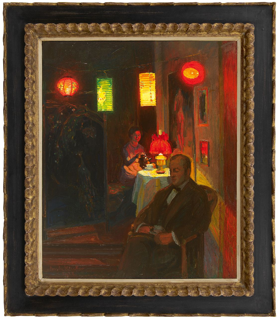 Kleiber E.  | Erich Kleiber | Schilderijen te koop aangeboden | Avondlijk theeuurtje bij lampionlicht, olieverf op doek 68,0 x 55,0 cm, gesigneerd linksonder en gedateerd 1912