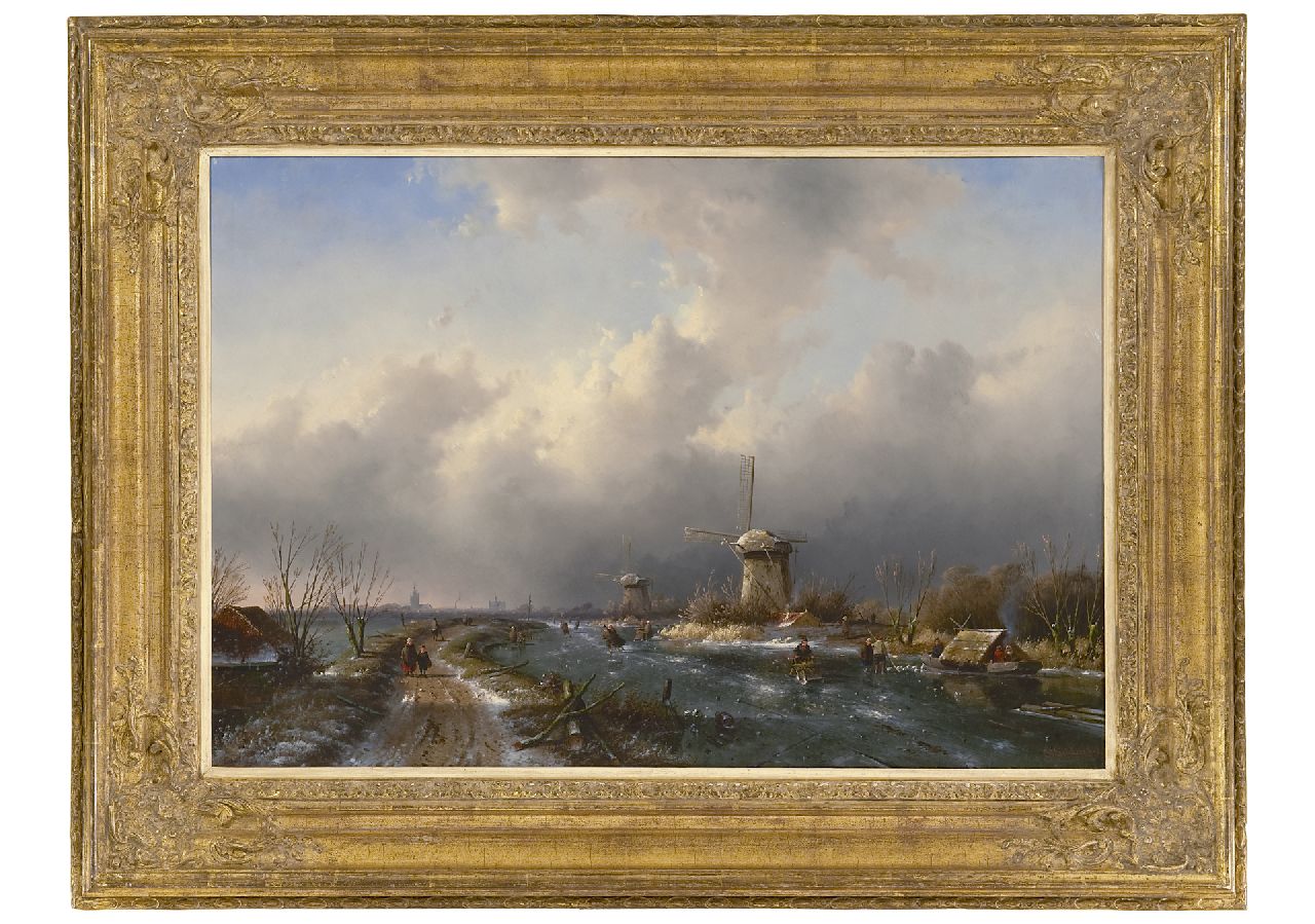 Leickert C.H.J.  | 'Charles' Henri Joseph Leickert, Schaatsers op het ijs met molens en een stad aan de horizon, olieverf op paneel 50,4 x 73,9 cm, gesigneerd rechtsonder en gedateerd '53