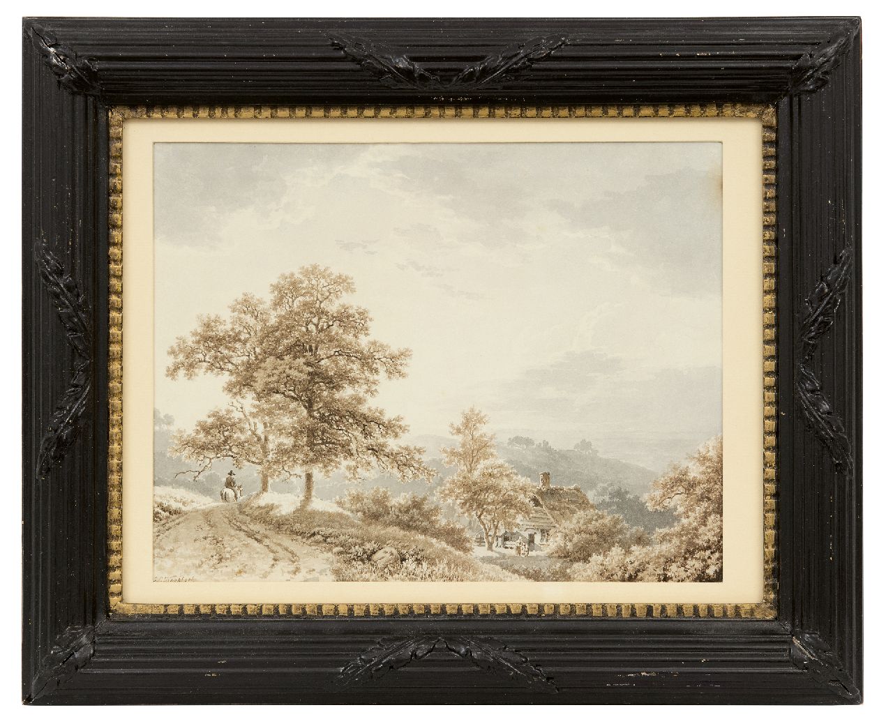 Koekkoek B.C.  | Barend Cornelis Koekkoek, Reiziger te paard in heuvelachtig landschap, sepia en gewassen inkt op papier 21,2 x 27,4 cm, gesigneerd linksonder en te dateren ca. 1833-1840