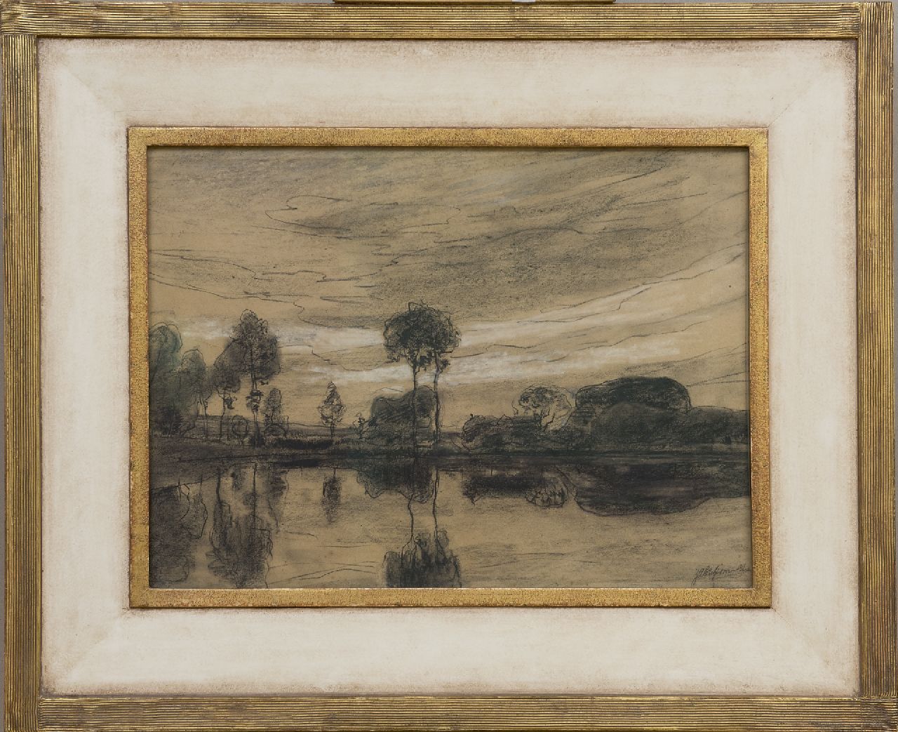 Wijsmuller J.H.  | Jan Hillebrand Wijsmuller | Aquarellen en tekeningen te koop aangeboden | Bomen langs het water, zwart krijt op papier 42,0 x 57,0 cm, gesigneerd rechtsonder