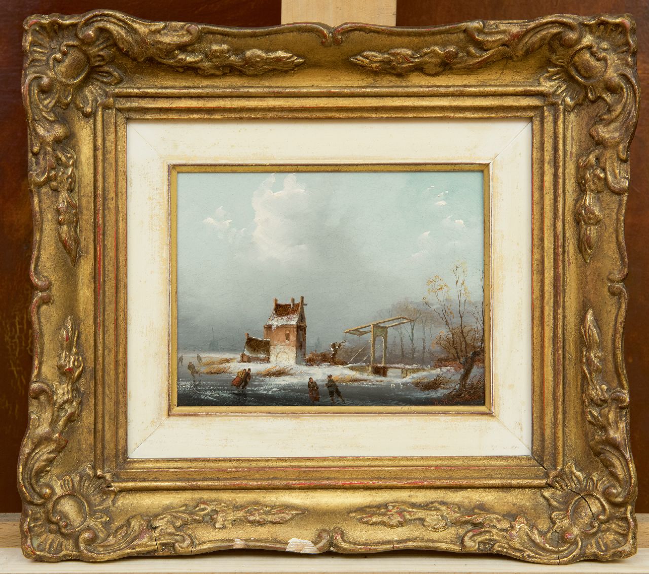 Moerkerken H. van | Hans van Moerkerken | Schilderijen te koop aangeboden | Schaatsvolk bij een ophaalbrug, olieverf op paneel 14,1 x 16,7 cm, gesigneerd rechtsonder