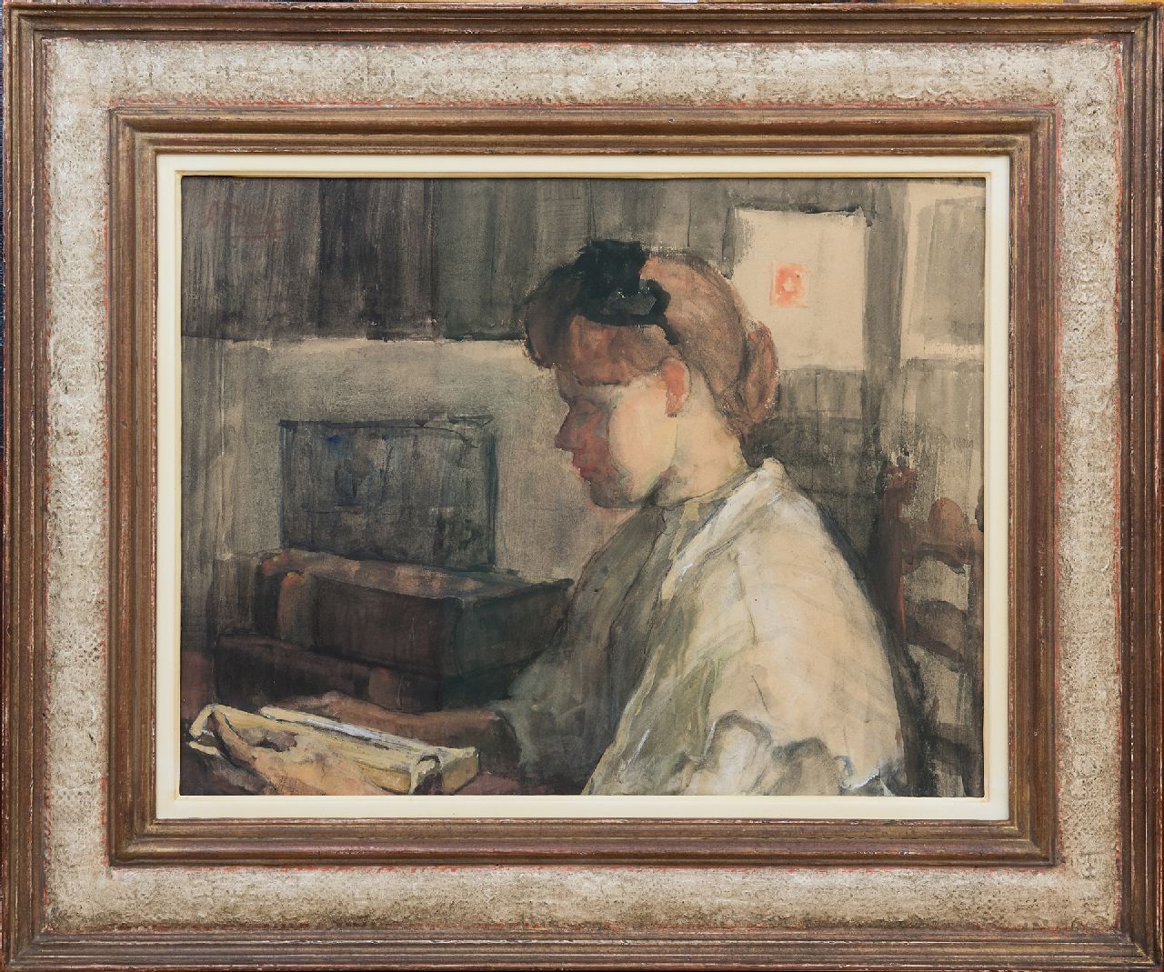 Fritzlin M.C.L.  | Maria Charlotta 'Louise' Fritzlin, Lezend meisje, aquarel op papier op board 32,5 x 42,0 cm, gesigneerd linksboven en te dateren 1908