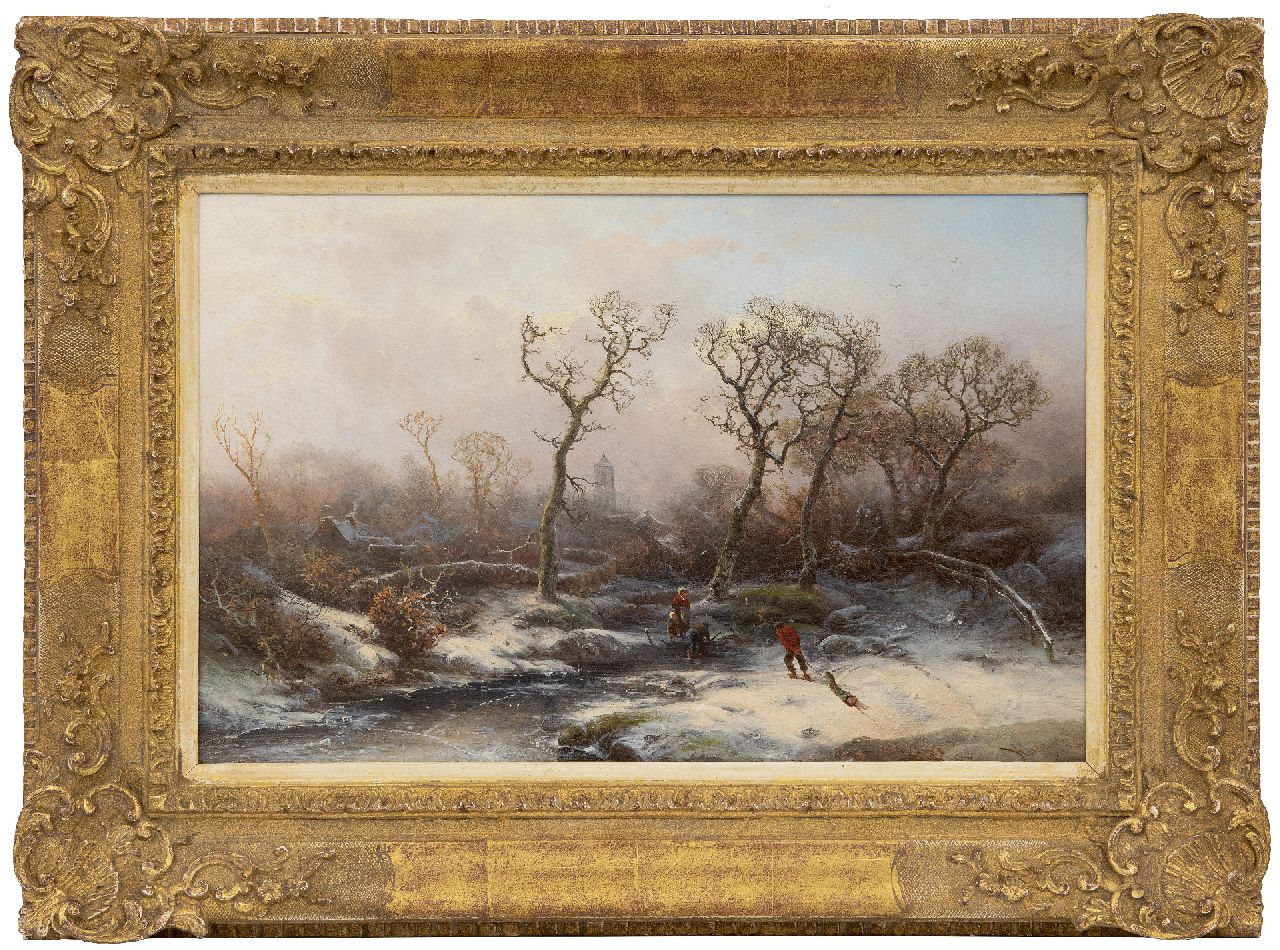 Kluyver P.L.F.  | 'Pieter' Lodewijk Francisco Kluyver | Schilderijen te koop aangeboden | Winterlandschap met houtsprokkelaars, olieverf op paneel 30,8 x 47,6 cm, gesigneerd rechtsonder
