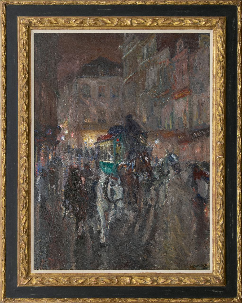 Niekerk M.J.  | 'Maurits' Joseph Niekerk | Schilderijen te koop aangeboden | Omnibus in de stad bij avond, olieverf op doek 115,5 x 85,3 cm, gesigneerd rechtsonder en gedateerd 1919