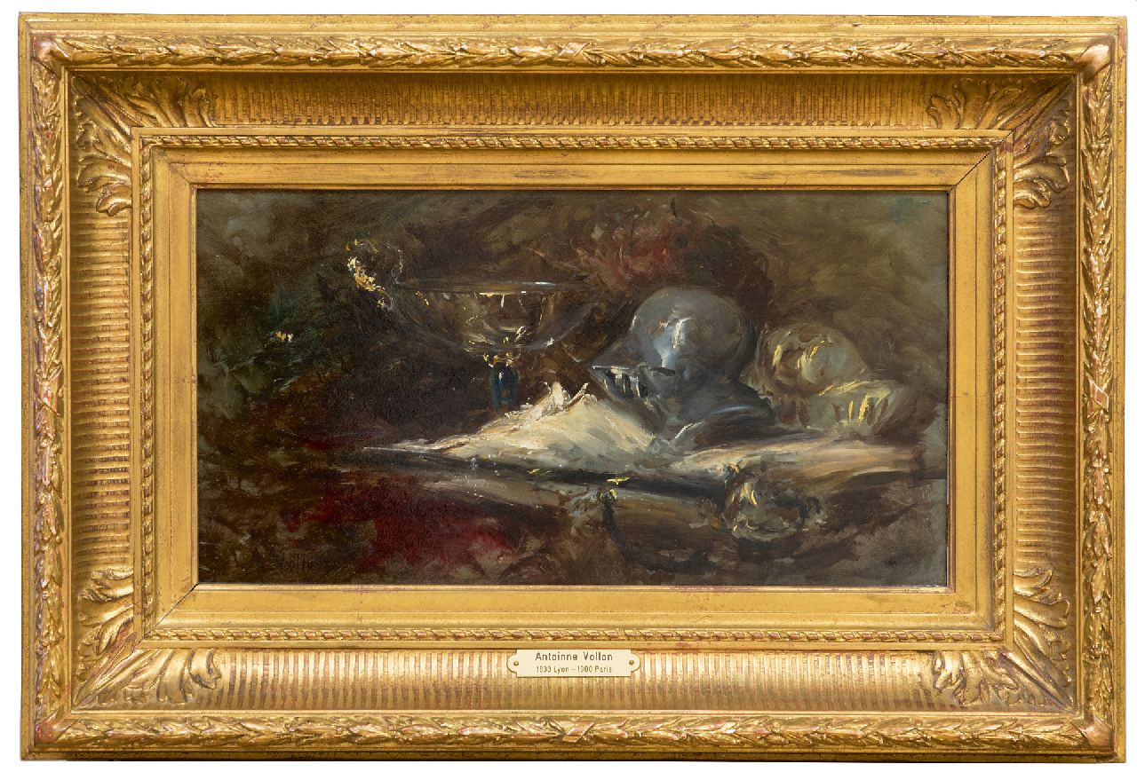 Vollon A.  | Antoine Vollon | Schilderijen te koop aangeboden | Stilleven met helm en zwaard, olieverf op paneel 22,3 x 41,8 cm, gesigneerd linksonder