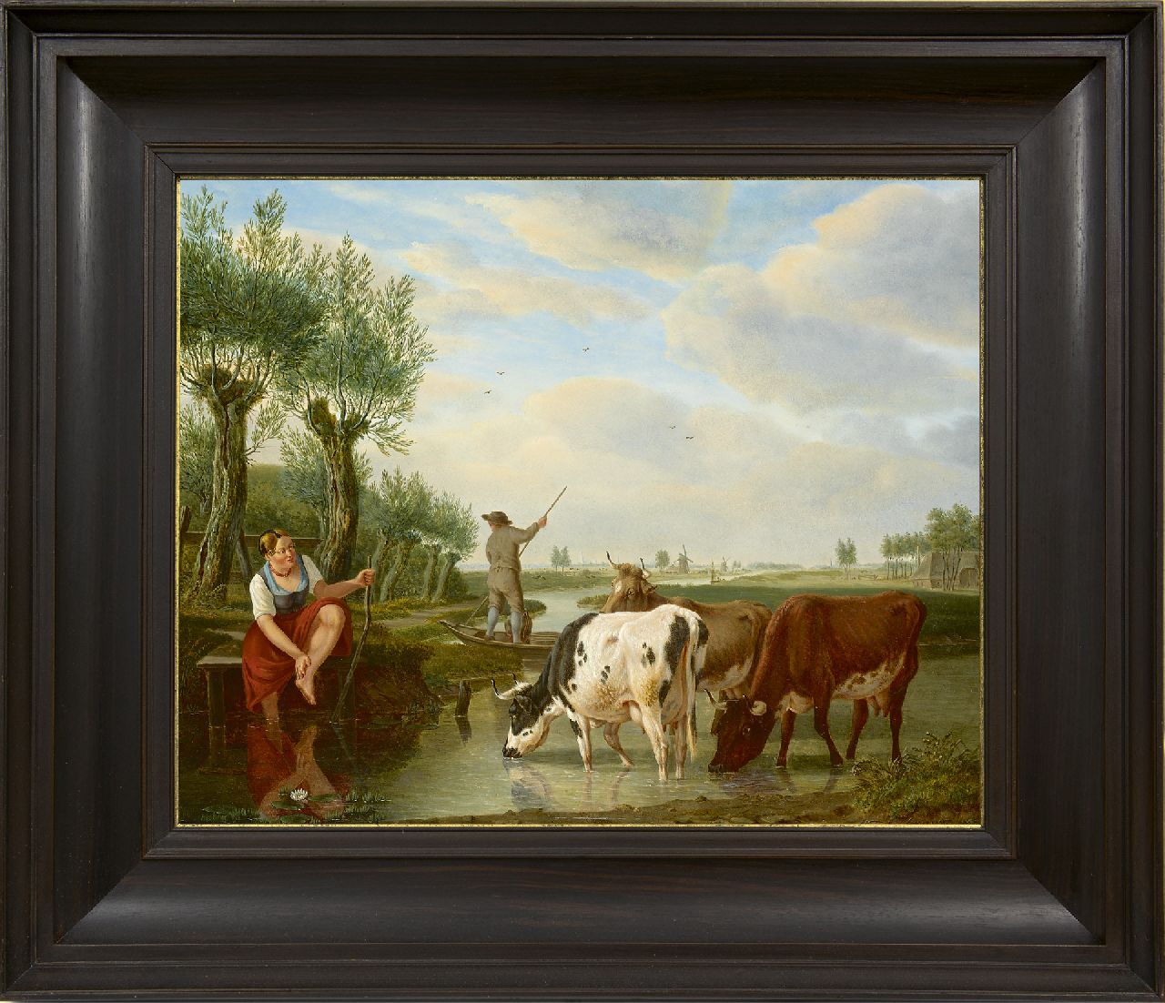 Kuytenbrouwer M.A.  | Martinus Antonius Kuytenbrouwer | Schilderijen te koop aangeboden | Veerman en herderin in Hollands rivierlandschap, olieverf op paneel 38,8 x 47,3 cm, gesigneerd rechtsonder