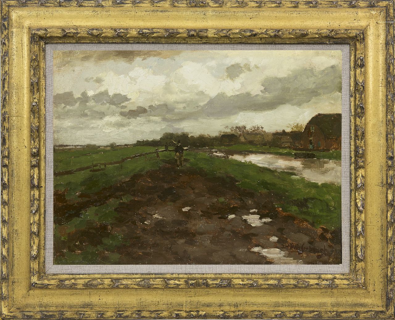 Weissenbruch H.J.  | Hendrik Johannes 'J.H.' Weissenbruch | Schilderijen te koop aangeboden | Huiswaarts bij buiig weer, olieverf op doek op paneel 32,9 x 44,1 cm, gesigneerd rechtsonder