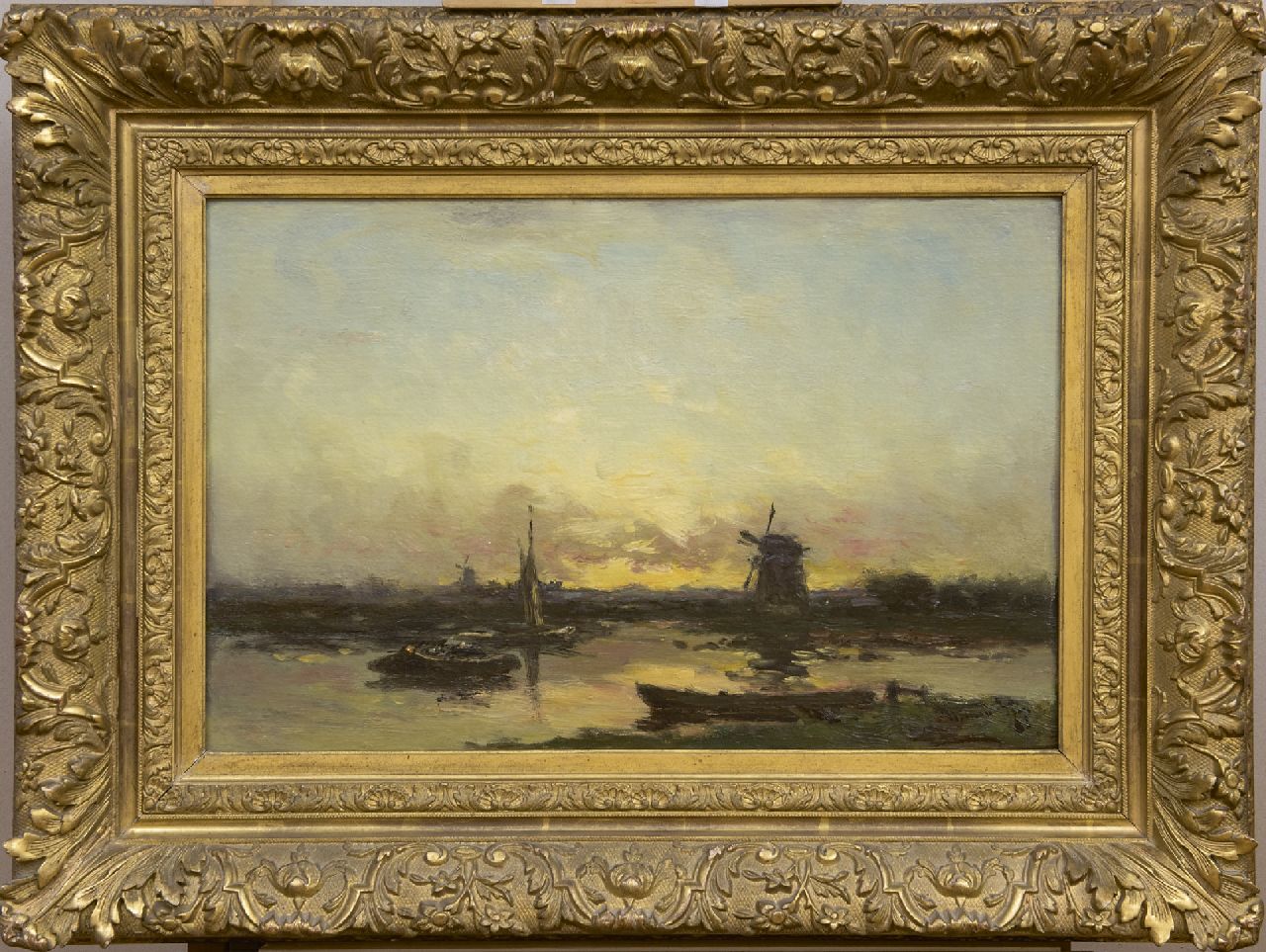 Rip W.C.  | 'Willem' Cornelis Rip | Schilderijen te koop aangeboden | Poldermolens en schuiten bij zonsondergang, olieverf op doek 36,9 x 55,5 cm, gesigneerd rechtsonder