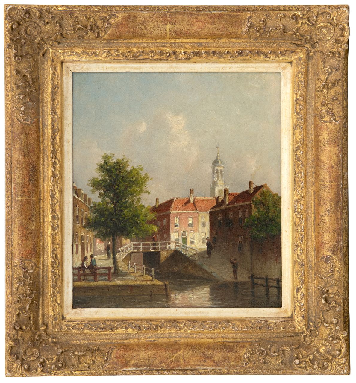 Vertin P.G.  | Petrus Gerardus Vertin | Schilderijen te koop aangeboden | Gezicht op de Nieuwe Gracht, hoek Jansstraat te Haarlem, olieverf op paneel 23,6 x 20,8 cm, gesigneerd rechtsonder