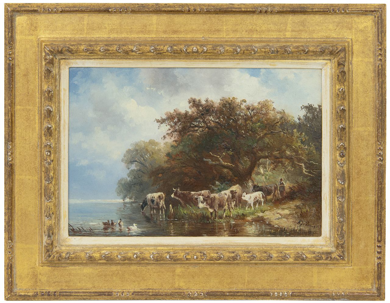 Prooijen A.J. van | Albert Jurardus van Prooijen | Schilderijen te koop aangeboden | Herderin met koeien langs de oever van een rivier, olieverf op paneel 19,7 x 29,1 cm, gesigneerd rechtsonder