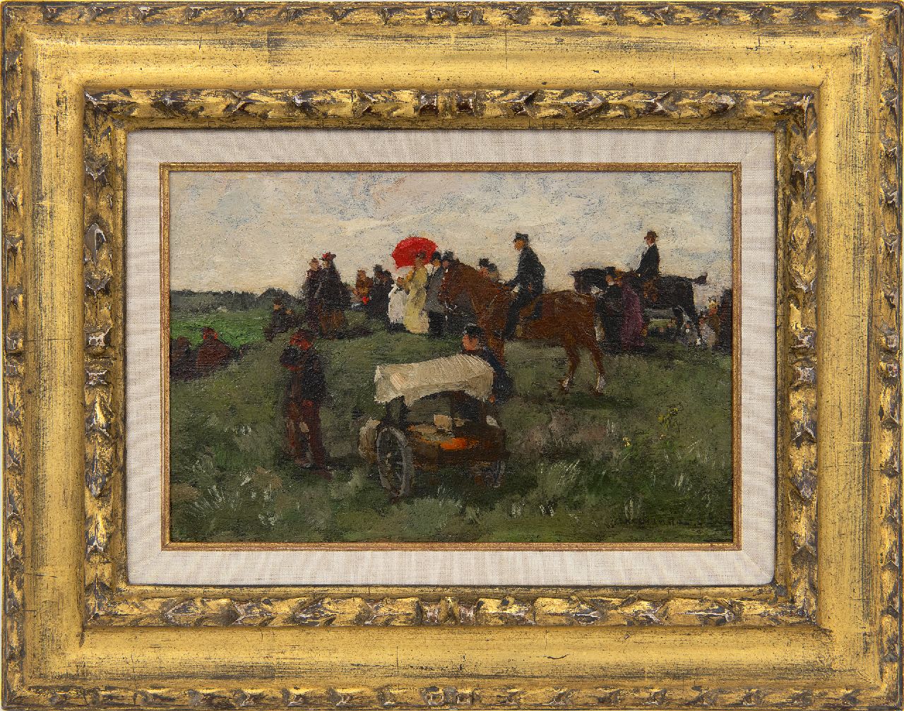 Akkeringa J.E.H.  | 'Johannes Evert' Hendrik Akkeringa | Schilderijen te koop aangeboden | Bij de wedrennen te Clingendael, olieverf op paneel 16,5 x 25,0 cm, gesigneerd rechtsonder en te dateren ca. 1898