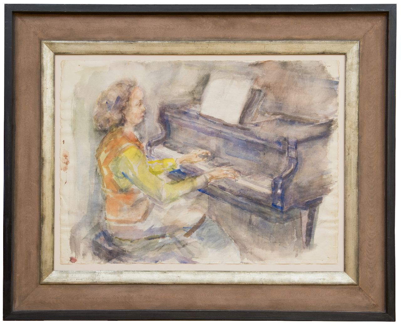 Neuburger E.  | Eliazer 'Elie' Neuburger | Aquarellen en tekeningen te koop aangeboden | Pianospelende vrouw, houtskool en aquarel op papier 55,8 x 76,3 cm, gesigneerd rechtsonder