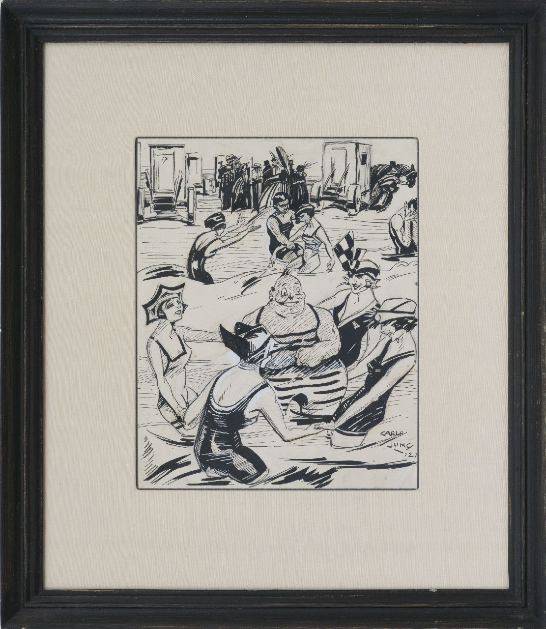 Jung C.H.  | Carel Hendrik 'Carlo' Jung | Aquarellen en tekeningen te koop aangeboden | Badfestijn (niet te koop), Oost-Indische inkt op papier 22,0 x 24,0 cm, gesigneerd rechtsonder en gedateerd '21