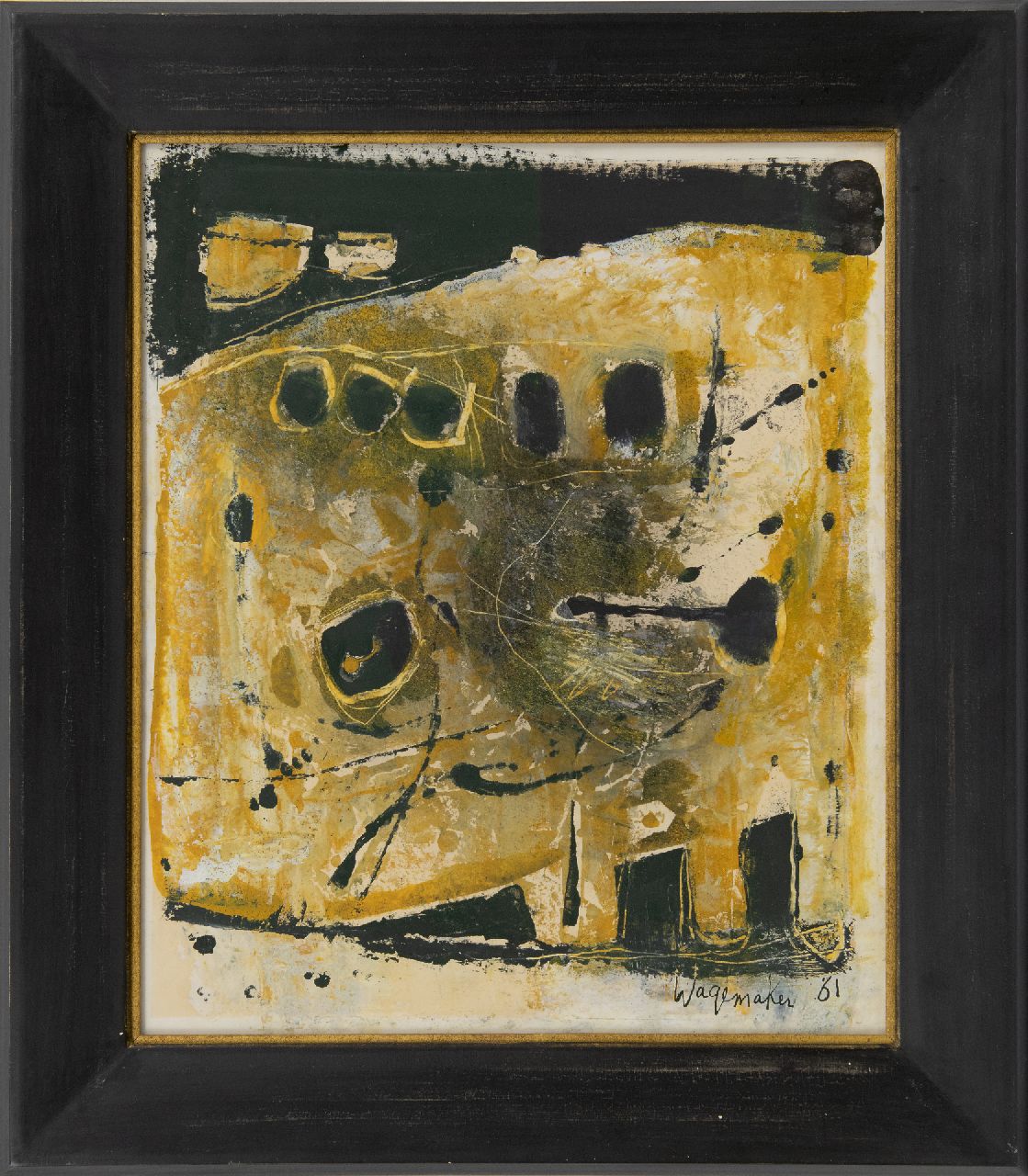 Wagemaker A.B.  | Adriaan Barend 'Jaap' Wagemaker, Abstract in geel en zwart, gemengde techniek op papier 54,0 x 44,5 cm, gesigneerd rechtsonder en gedateerd '61