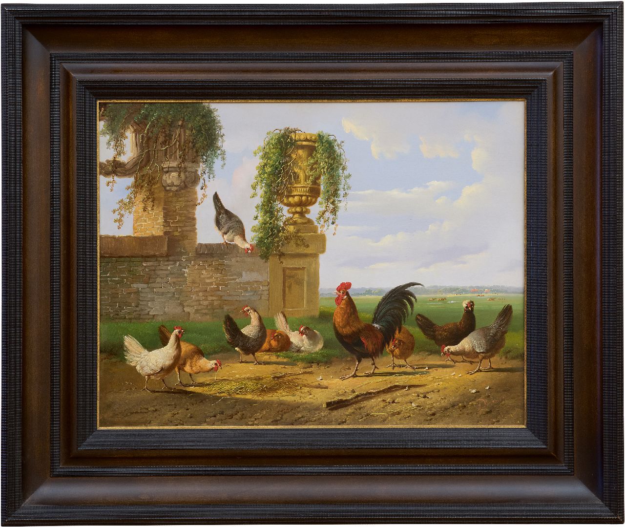 Verhoesen A.  | Albertus Verhoesen | Schilderijen te koop aangeboden | Pluimvee in een Hollands landschap, olieverf op paneel 39,2 x 51,1 cm, gesigneerd rechtsonder