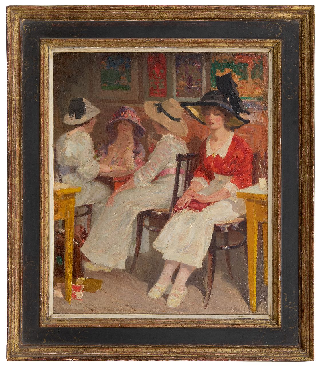Vaarzon Morel W.F.A.I.  | Wilhelm Ferdinand Abraham Isaac 'Willem' Vaarzon Morel, Jonge vrouwen in een theehuis, olieverf op doek 49,3 x 40,5 cm, gesigneerd rechtsboven