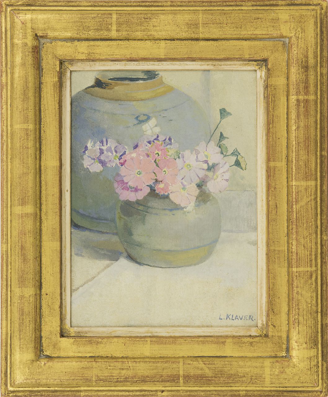 Klaver L.  | Luite Klaver, Bloemen in Keulse pot, olieverf op paneel 24,7 x 18,4 cm, gesigneerd rechtsonder