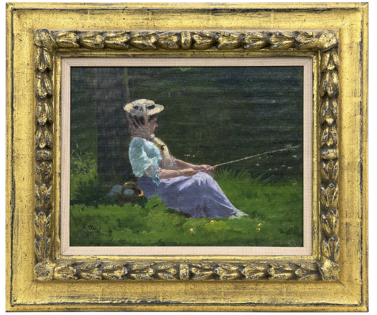 Clarys A.  | Alexandre Clarys | Schilderijen te koop aangeboden | Zonnige middag aan de waterkant, olieverf op doek op paneel 24,2 x 30,9 cm, gesigneerd linksonder en gedateerd 1908