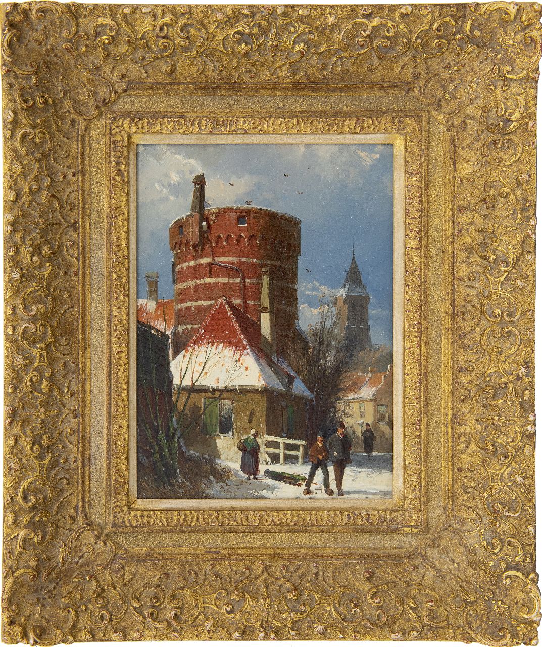 Koekkoek W.  | Willem Koekkoek | Schilderijen te koop aangeboden | Hollands straatje met een oude vestingtoren, in de sneeuw, olieverf op paneel 24,3 x 17,9 cm, te dateren 1862-1865
