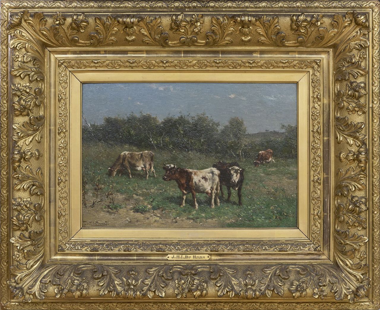 Haas J.H.L. de | Johannes Hubertus Leonardus de Haas | Schilderijen te koop aangeboden | Grazende koeien in duinlandschap, olieverf op papier op paneel 31,4 x 47,2 cm, gesigneerd linksonder