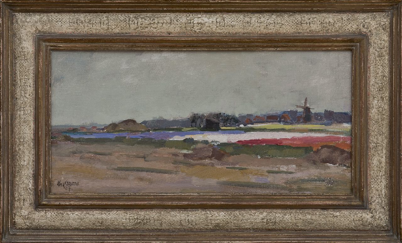 Grovers H.  | Han Grovers, Landschap met bollenvelden en molen, olieverf op doek op paneel 23,3 x 48,8 cm, gesigneerd 'Han G(r)overs' linksonder en gedateerd '37