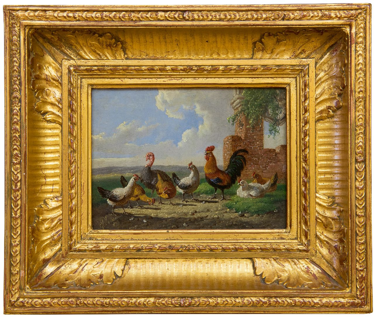 Verhoesen A.  | Albertus Verhoesen, Een kalkoen, haan en kippen in een landschap, olieverf op paneel 13,0 x 17,6 cm, gesigneerd linksonder en gedateerd 1874