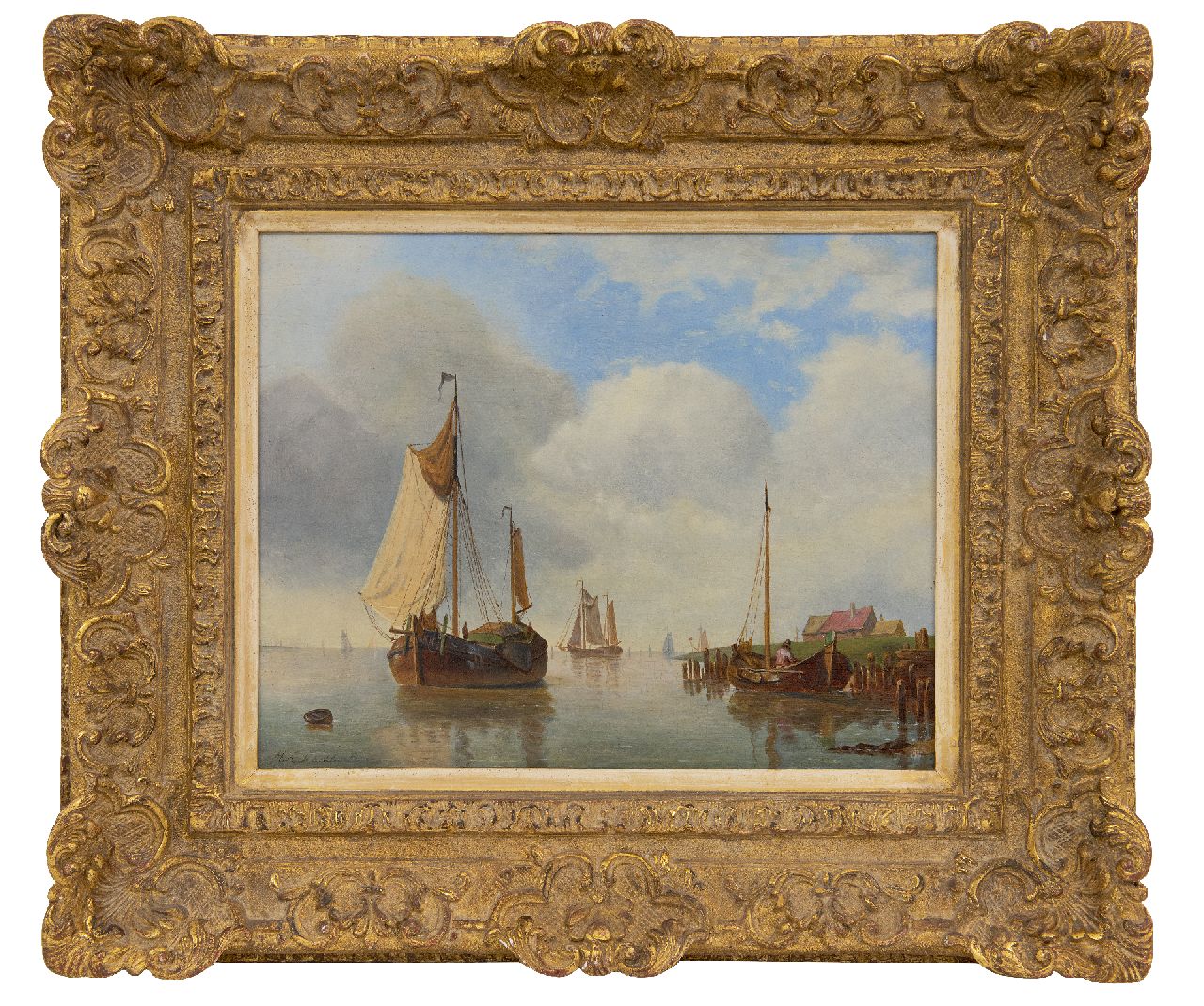 Koekkoek I M.A.  | Marinus Adrianus Koekkoek I | Schilderijen te koop aangeboden | Tjalken op een kalme zee, olieverf op paneel 21,4 x 26,8 cm, gesigneerd linksonder