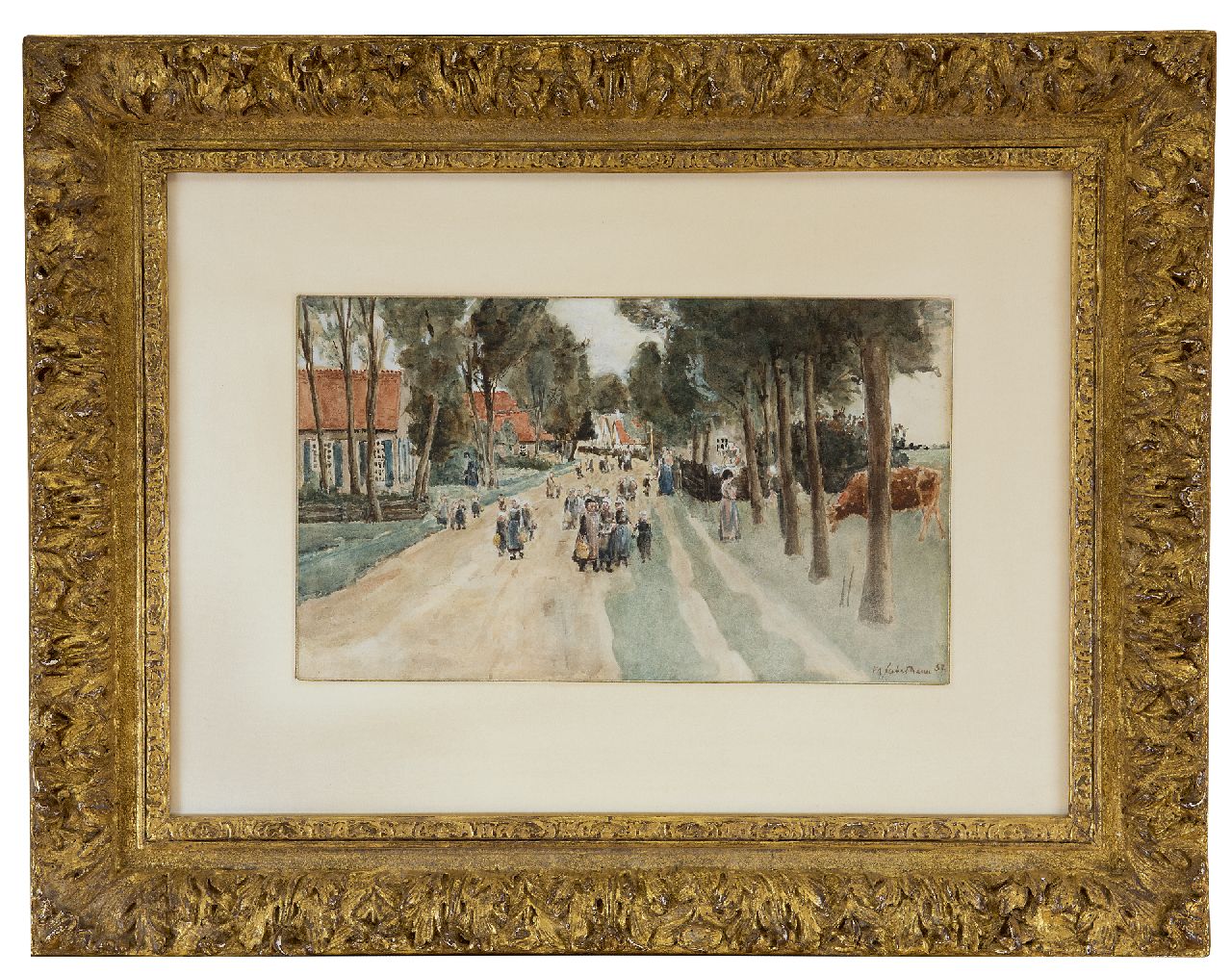Liebermann M.  | Max Liebermann, Dorpsstraat met kinderen in Laren, aquarel op papier 18,3 x 29,7 cm, gesigneerd rechtsonder en gedateerd '82