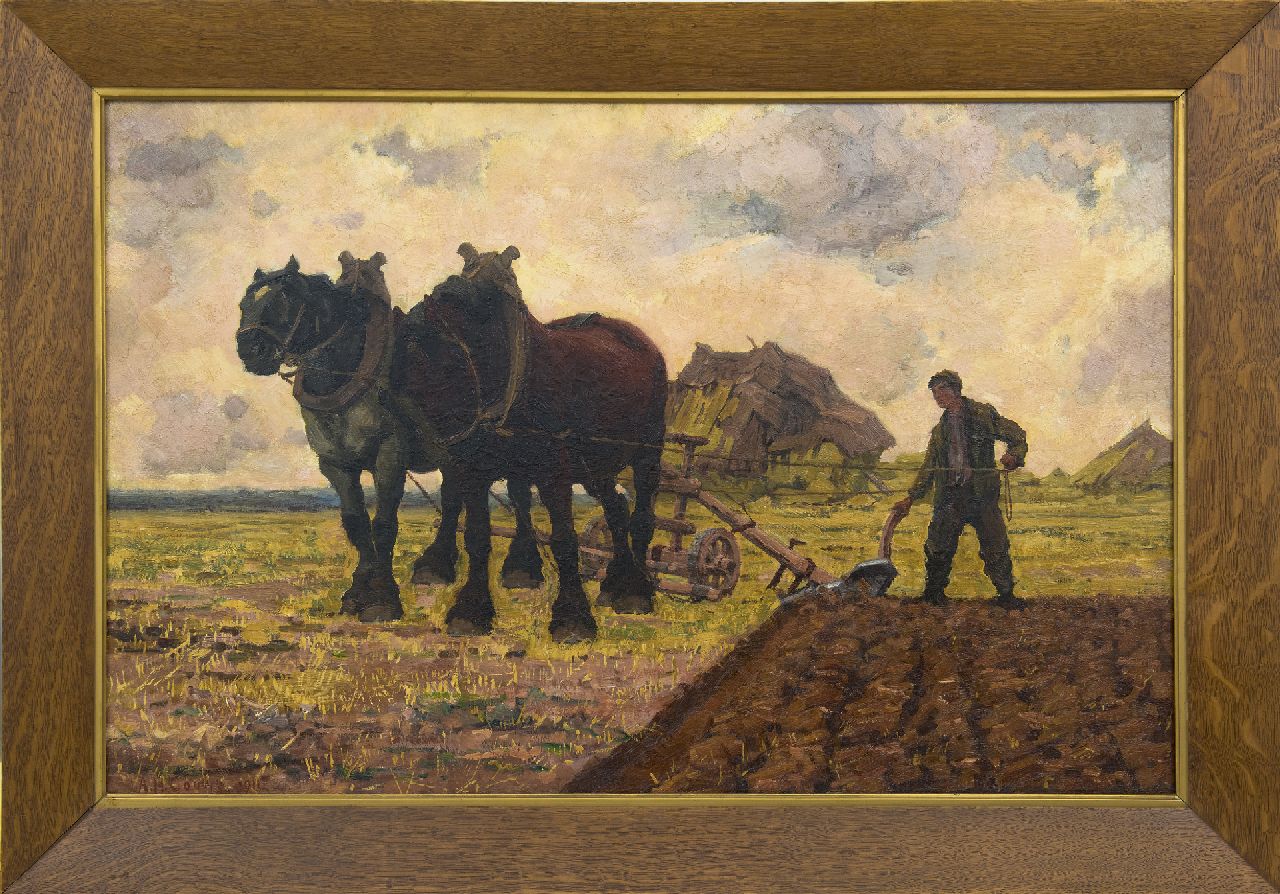 Gouwe A.H.  | Adriaan Herman Gouwe, Ploegende paarden, olieverf op doek 65,8 x 100,6 cm, gesigneerd linksonder en gedateerd 1911