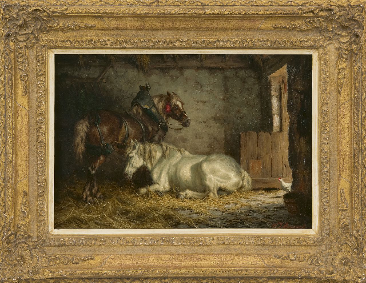 Boogaard W.J.  | Willem Johan Boogaard | Schilderijen te koop aangeboden | Rustende paarden in een stal, olieverf op paneel 27,5 x 40,0 cm, gesigneerd rechtsonder