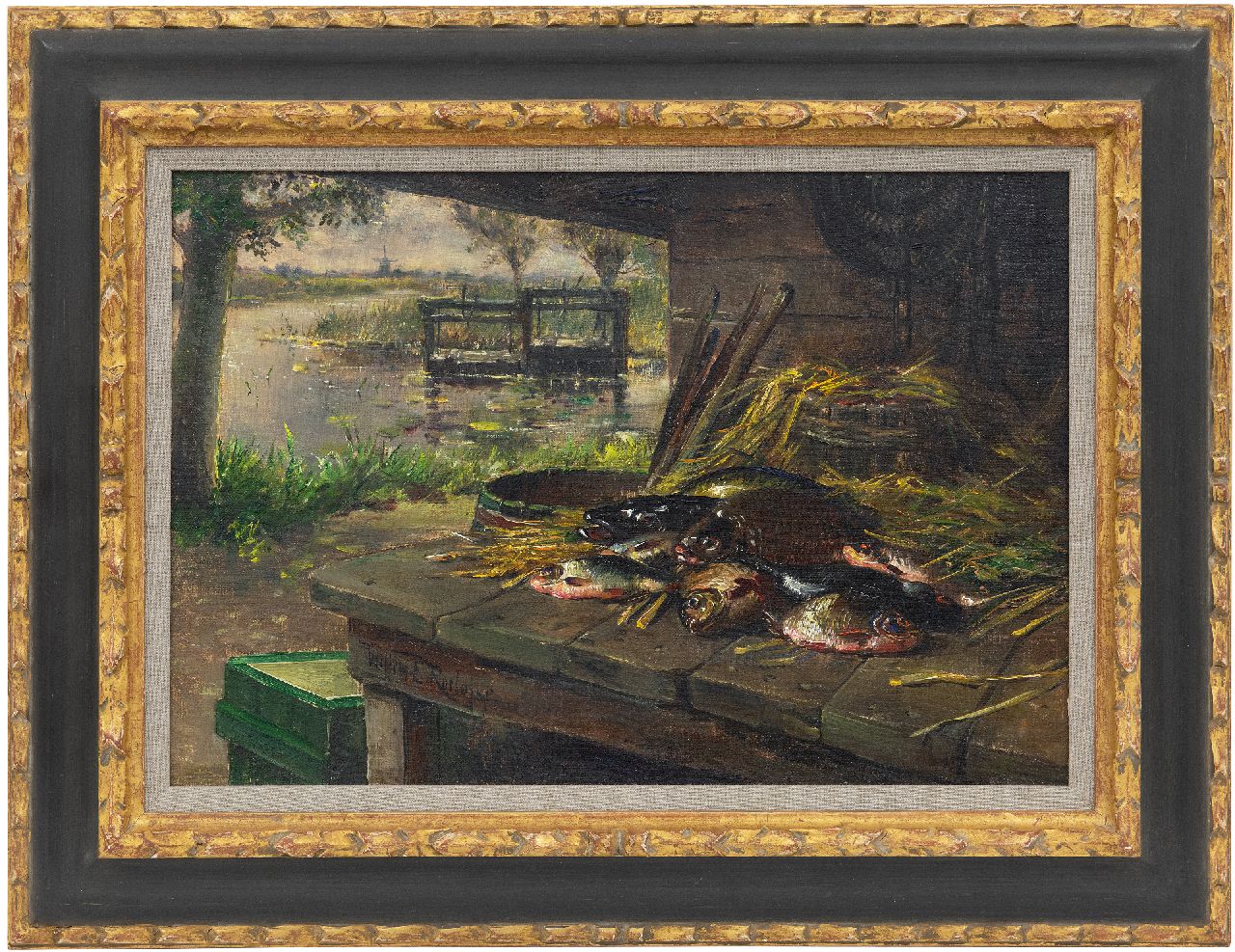 Roelofs jr. W.E.  | Willem Elisa Roelofs jr., Oude vismijn aan het water, olieverf op doek 31,5 x 46,0 cm, gesigneerd linksonder op rand van de tafel