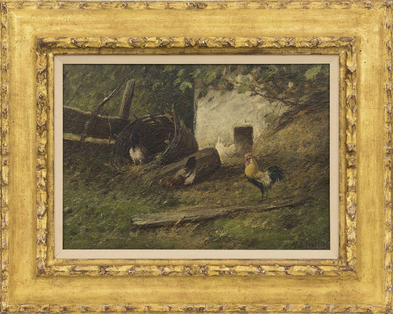 Koekkoek II M.A.  | Marinus Adrianus Koekkoek II | Schilderijen te koop aangeboden | Haan en kippen bij een broedkorf, olieverf op doek 24,4 x 34,5 cm, gesigneerd rechtsonder