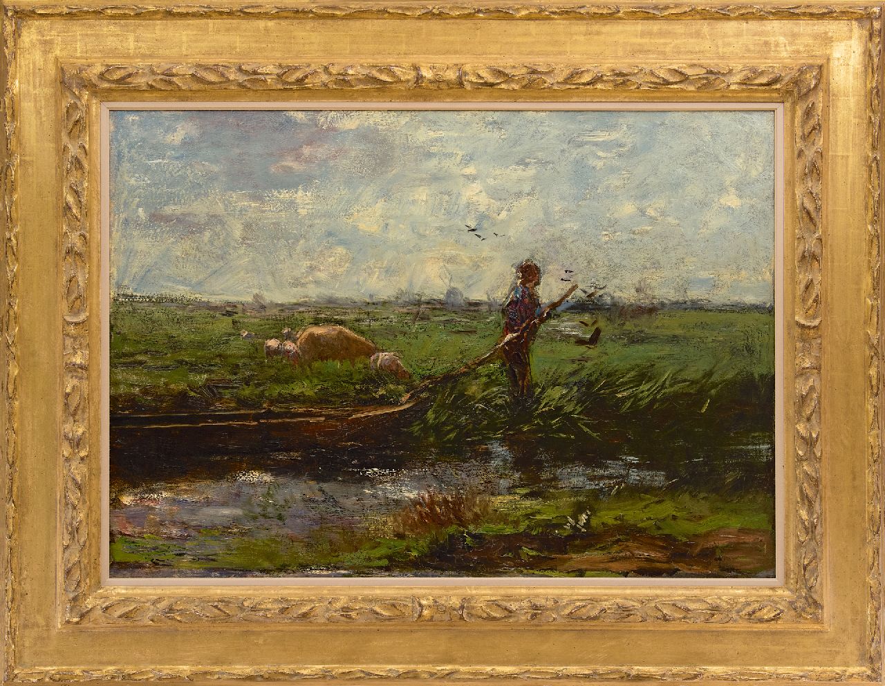 Maris W.  | Willem Maris | Schilderijen te koop aangeboden | Boer met praam in weidelandschap, olieverf op doek 66,3 x 94,5 cm, te dateren ca. 1906