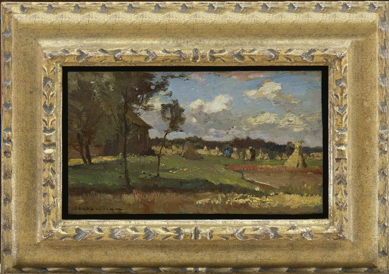 Akkeringa J.E.H.  | 'Johannes Evert' Hendrik Akkeringa, Oogsttijd, olieverf op paneel 12,5 x 22,0 cm, gesigneerd linksonder
