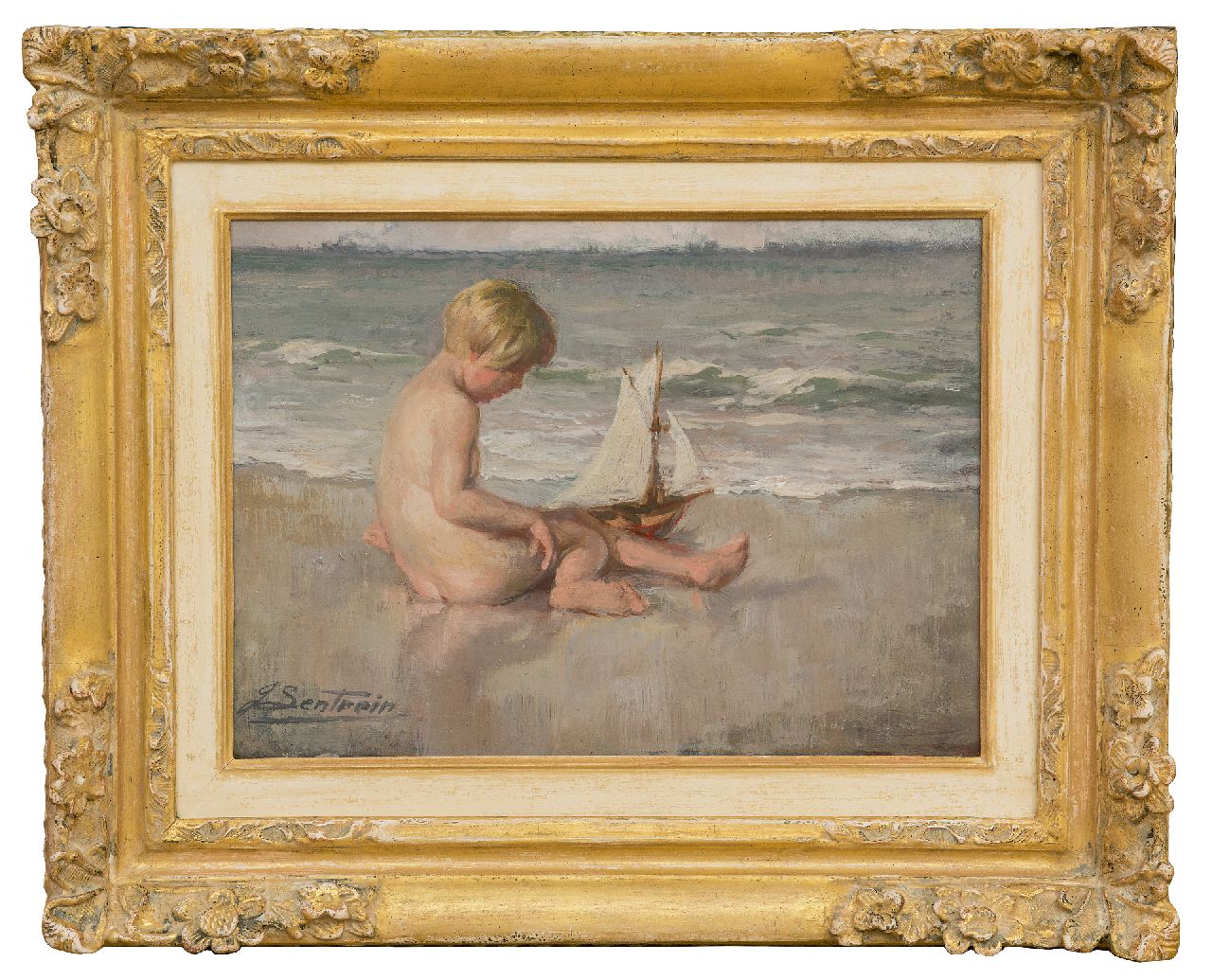Lentrein J.  | Jules Lentrein | Schilderijen te koop aangeboden | Meisje, spelend op het strand, olieverf op paneel 25,0 x 35,0 cm, gesigneerd linksonder