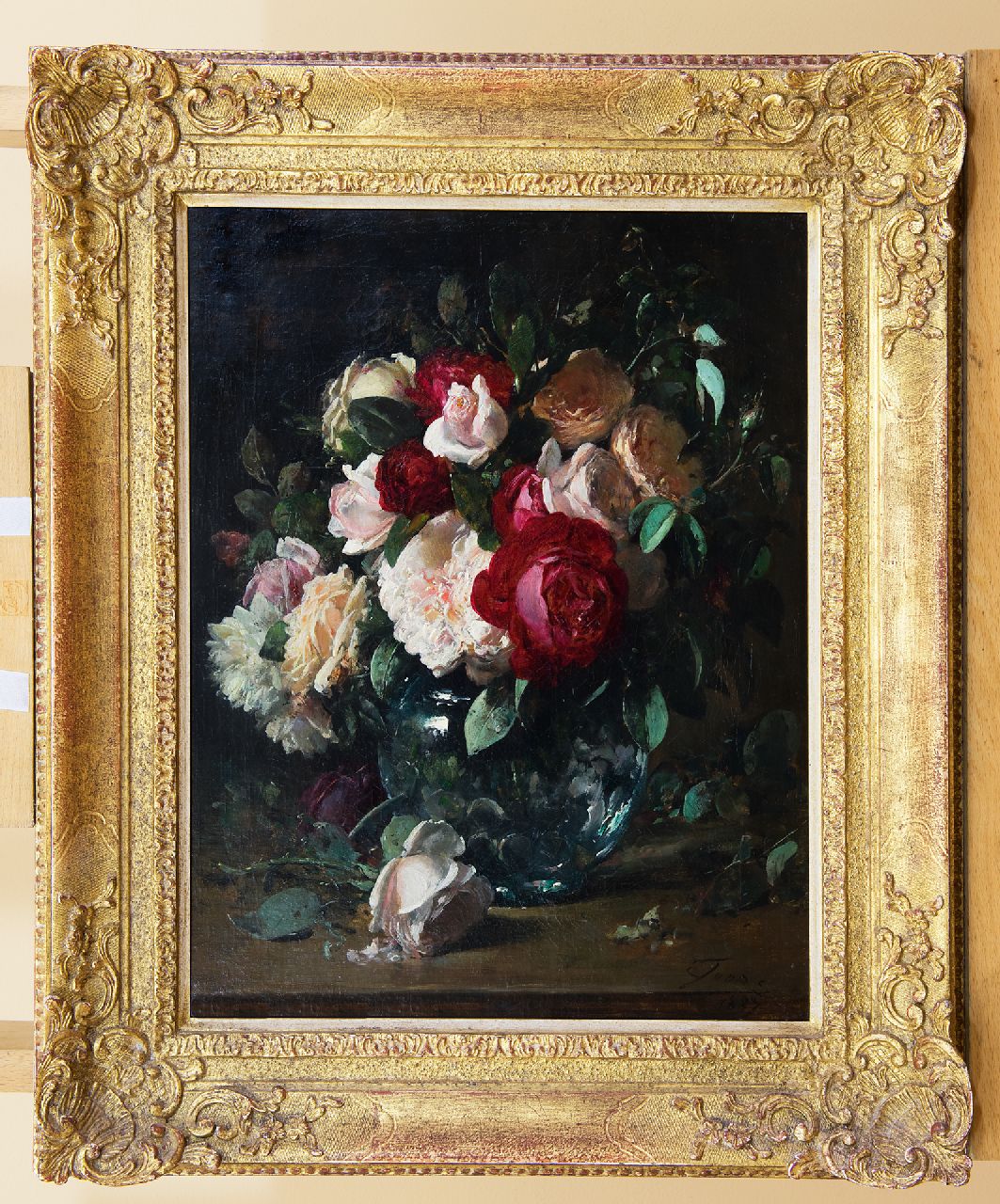 Joors E.  | Eugeen Joors | Schilderijen te koop aangeboden | Rozen in een glazen vaas, olieverf op doek 45,5 x 35,6 cm, gesigneerd rechtsonder en gedateerd 1887