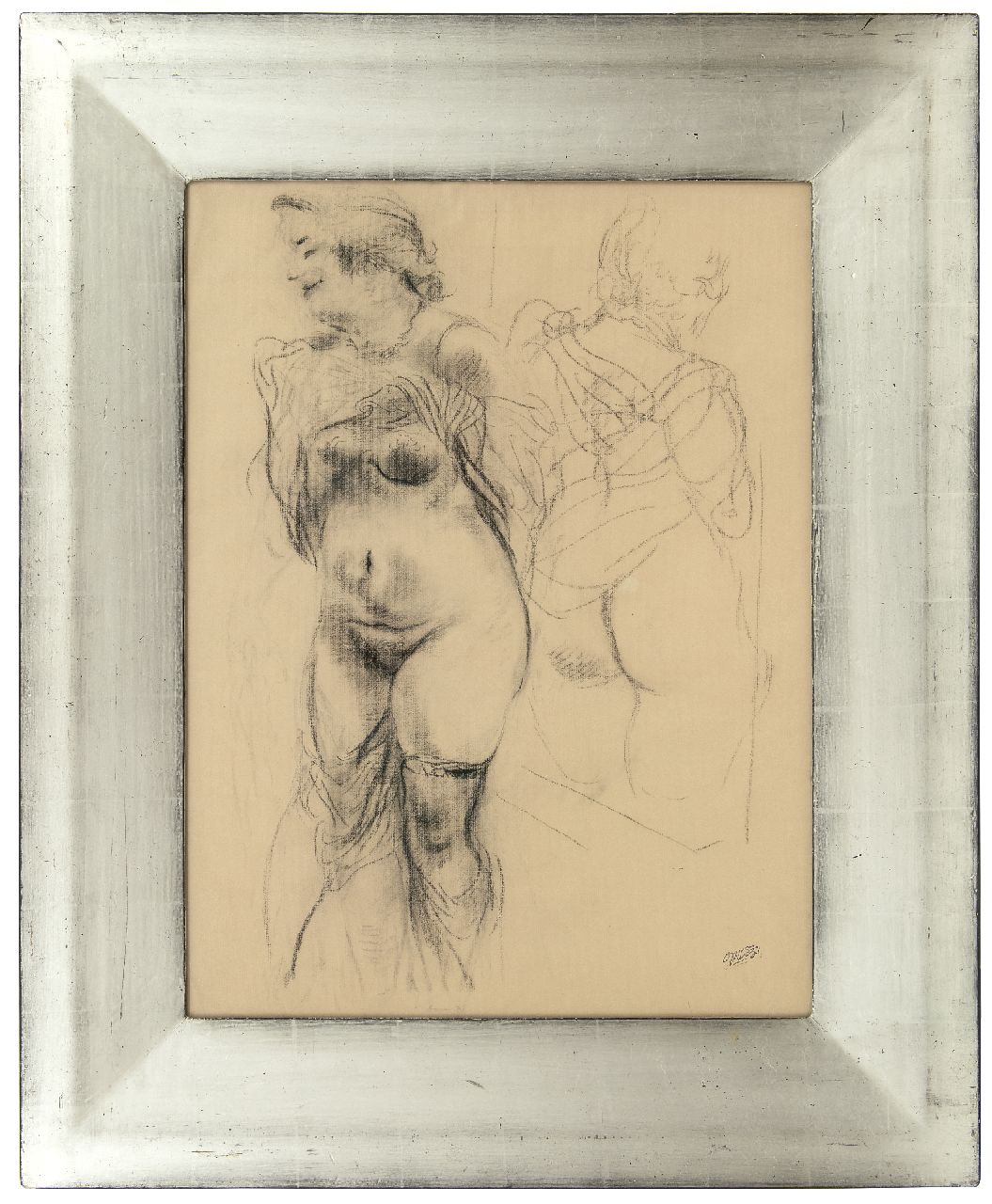 Grosz G.  | George 'Georg' Grosz, Naakt met spiegelbeeld, houtskool op papier 62,0 x 47,0 cm, gesigneerd rechtsonder met naamstempel en te dateren 1939