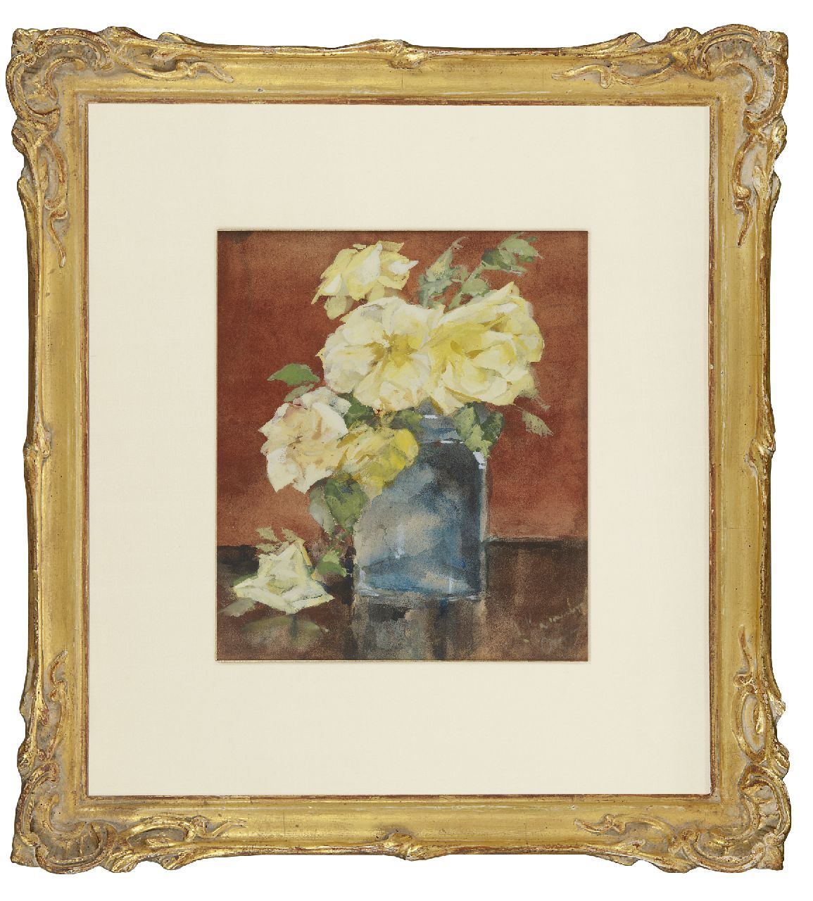 Kamerlingh Onnes M.  | Menso Kamerlingh Onnes, Glazen vaas met rozen, potlood en aquarel op papier 25,3 x 21,1 cm, gesigneerd rechtsonder en te dateren ca. 1885