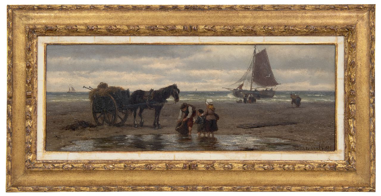 Koekkoek J.H.B.  | Johannes Hermanus Barend 'Jan H.B.' Koekkoek | Schilderijen te koop aangeboden | Schelpenvisser en familie op het strand, olieverf op doek 24,2 x 62,7 cm, gesigneerd rechtsonder