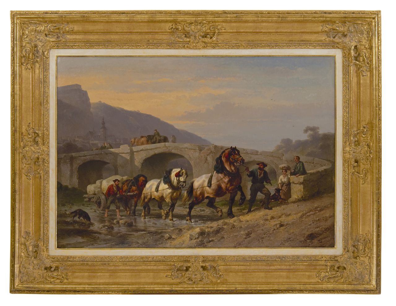 Verschuur W.  | Wouterus Verschuur, Werkpaarden bij een brug, olieverf op paneel 69,0 x 100,5 cm, gesigneerd rechtsonder