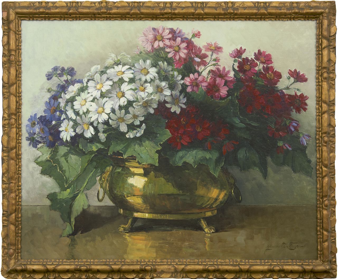 Slager J.J.M.  | 'Jeanette' Josephia Maria Slager, Cineraria's in koperen pot, olieverf op doek 80,8 x 100,6 cm, gesigneerd rechtsonder
