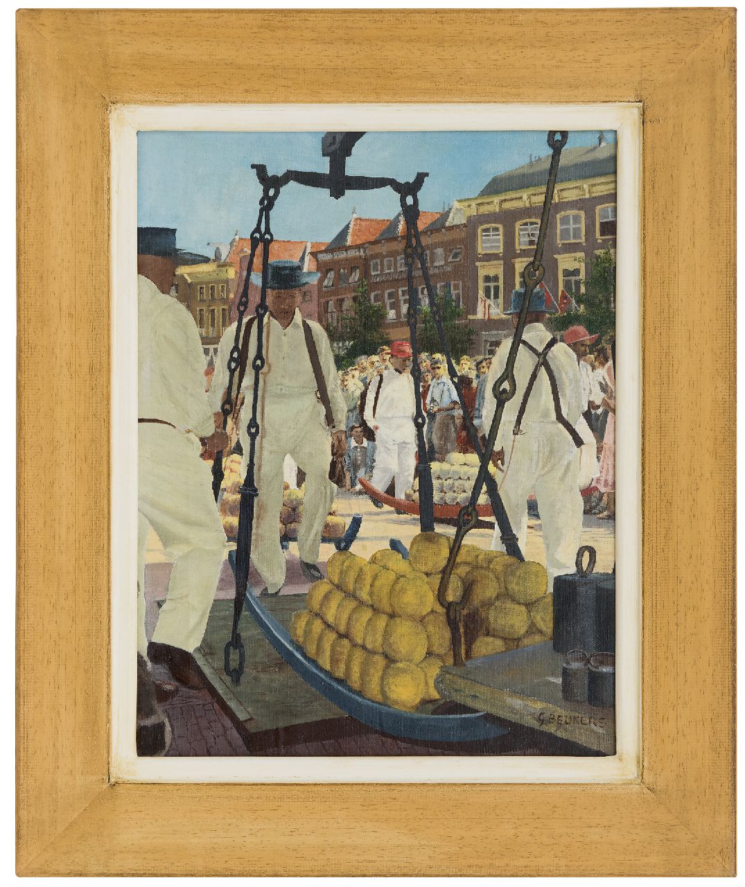 Beukers G.  | Beukers, Kaasdragers in Alkmaar, olieverf op doek op paneel 39,2 x 30,4 cm, gesigneerd rechtsonder