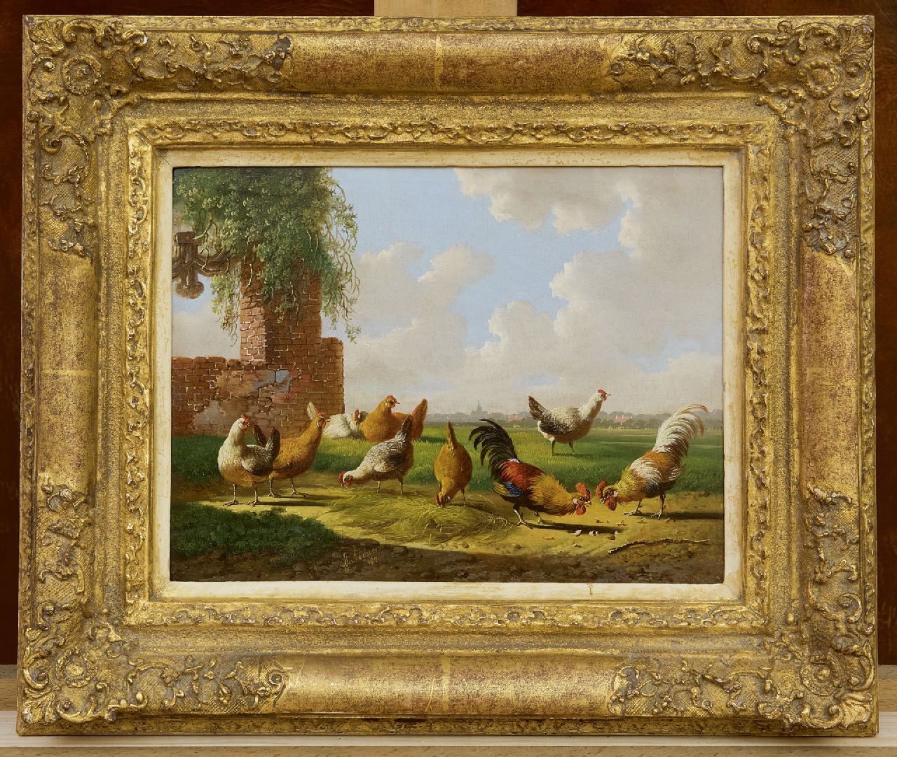 Verhoesen A.  | Albertus Verhoesen, Het hanengevecht, olieverf op paneel 17,9 x 23,6 cm, gesigneerd middenonder en gedateerd 1871