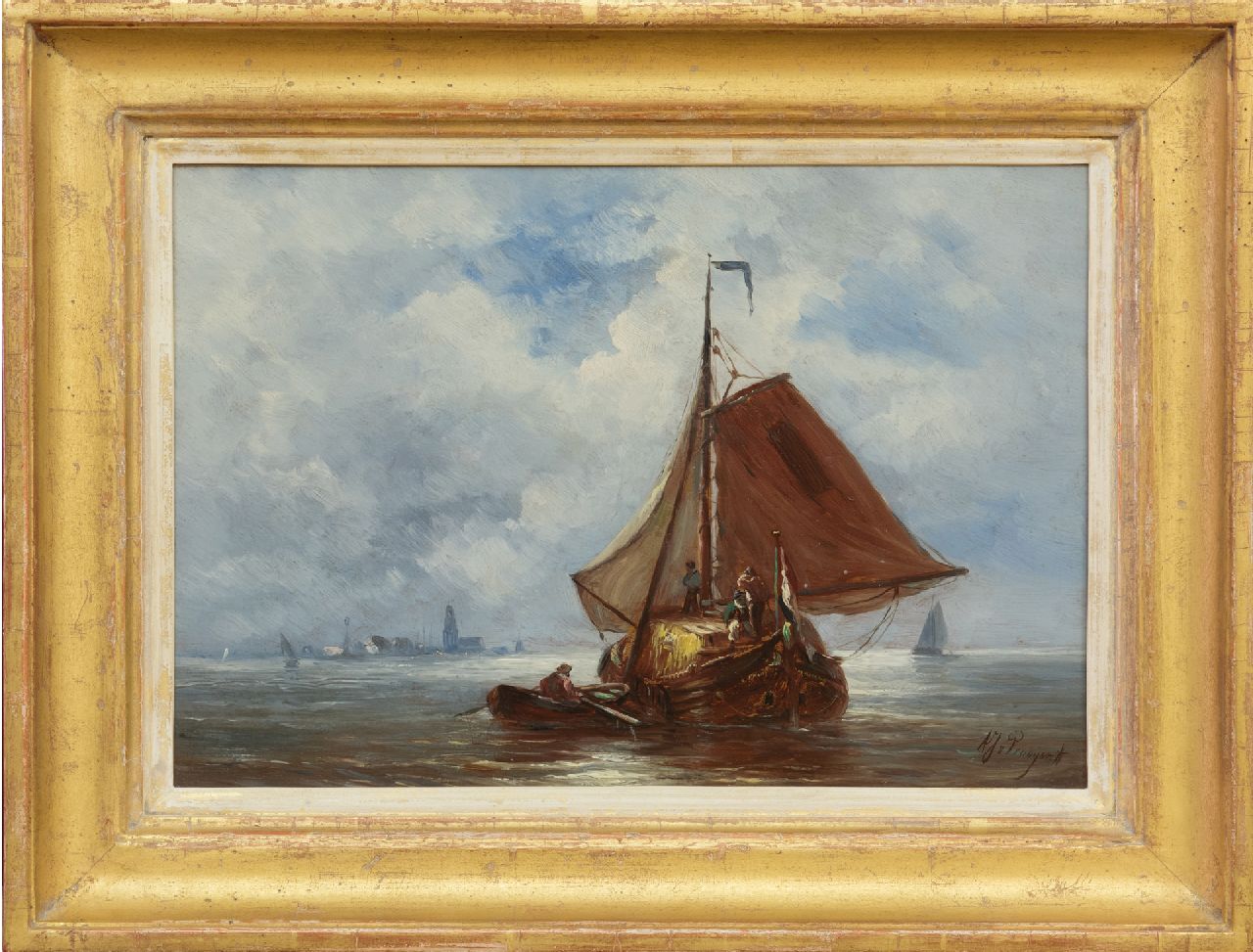 Prooijen A.J. van | Albert Jurardus van Prooijen, Zeilend hooischip, olieverf op paneel 23,7 x 34,3 cm, gesigneerd rechtsonder
