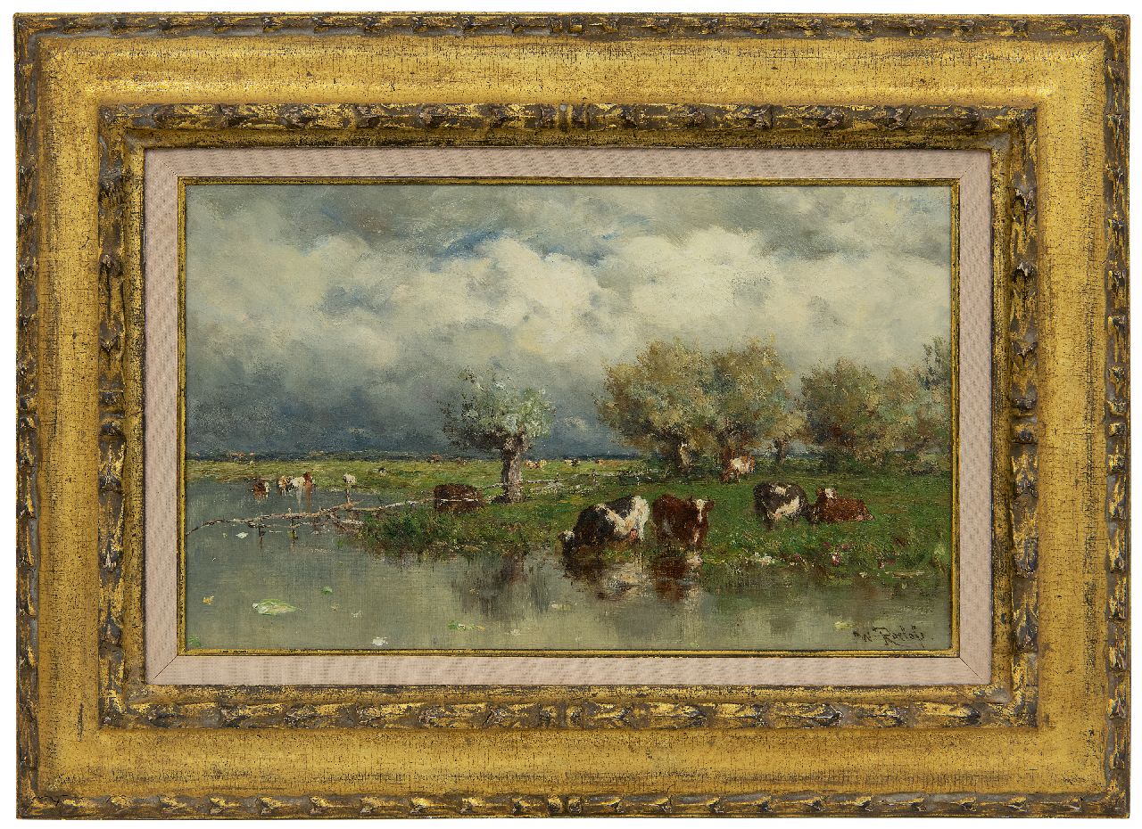 Roelofs W.  | Willem Roelofs, Polderlandschap met wadende koeien, olieverf op doek 24,2 x 38,9 cm, gesigneerd rechtsonder en te dateren ca. 1880
