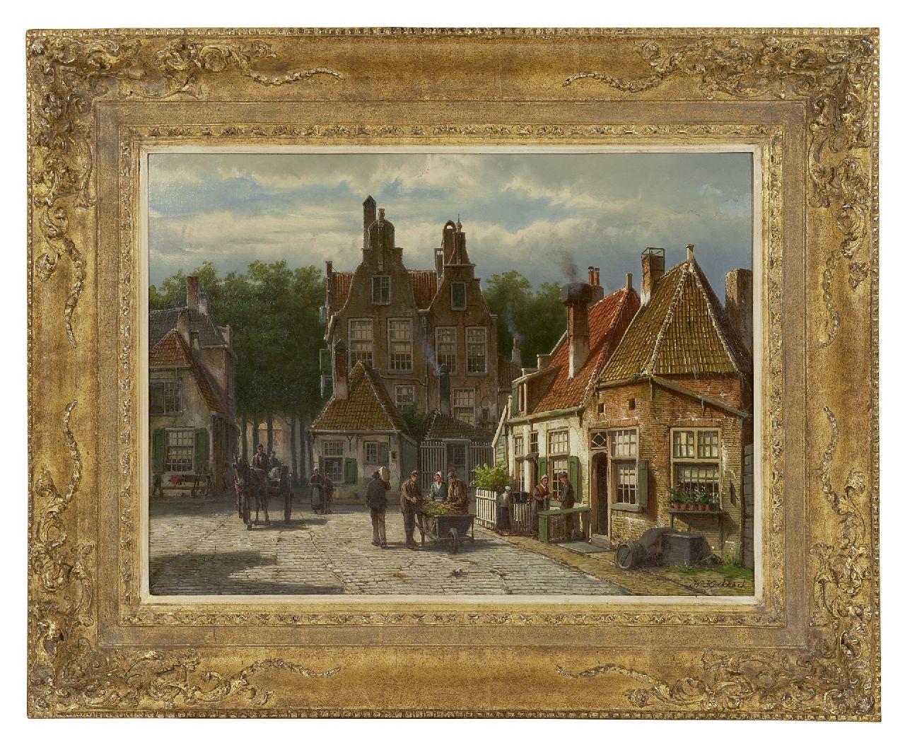 Koekkoek W.  | Willem Koekkoek, Dorpsbewoners op een zonnig plein, olieverf op doek 44,5 x 60,7 cm, gesigneerd rechtsonder