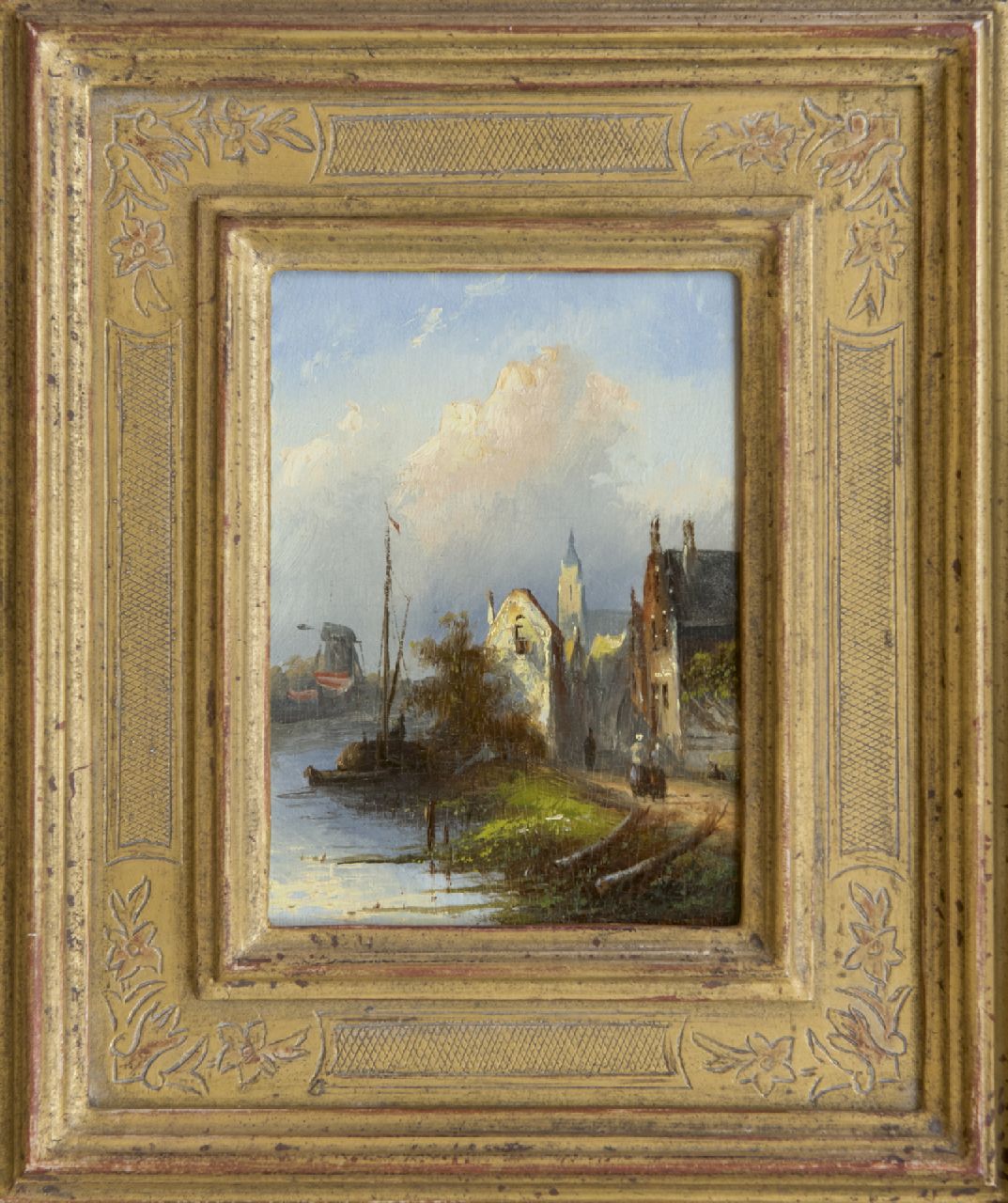 Spohler J.J.C.  | Jacob Jan Coenraad Spohler, Hollands rivierlandschap met huizen, olieverf op paneel 12,1 x 8,8 cm, gesigneerd verso
