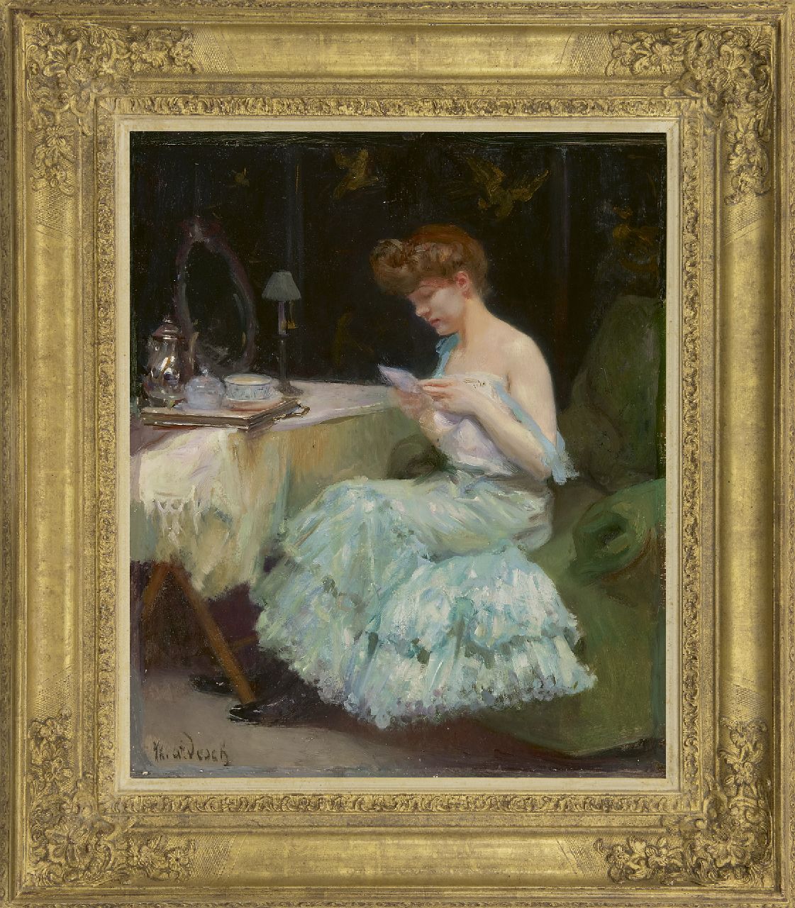 Desch A.T. | Auguste Théodore Desch, De brief, olieverf op paneel 56,0 x 45,9 cm, gesigneerd linksonder en verso op etiket en te dateren ca. 1906 Desch A.T. | Auguste Théodore Desch, De brief, olieverf op paneel 56,0 x 45,9 cm, gesigneerd linksonder en verso op etiket en te dateren ca. 1906